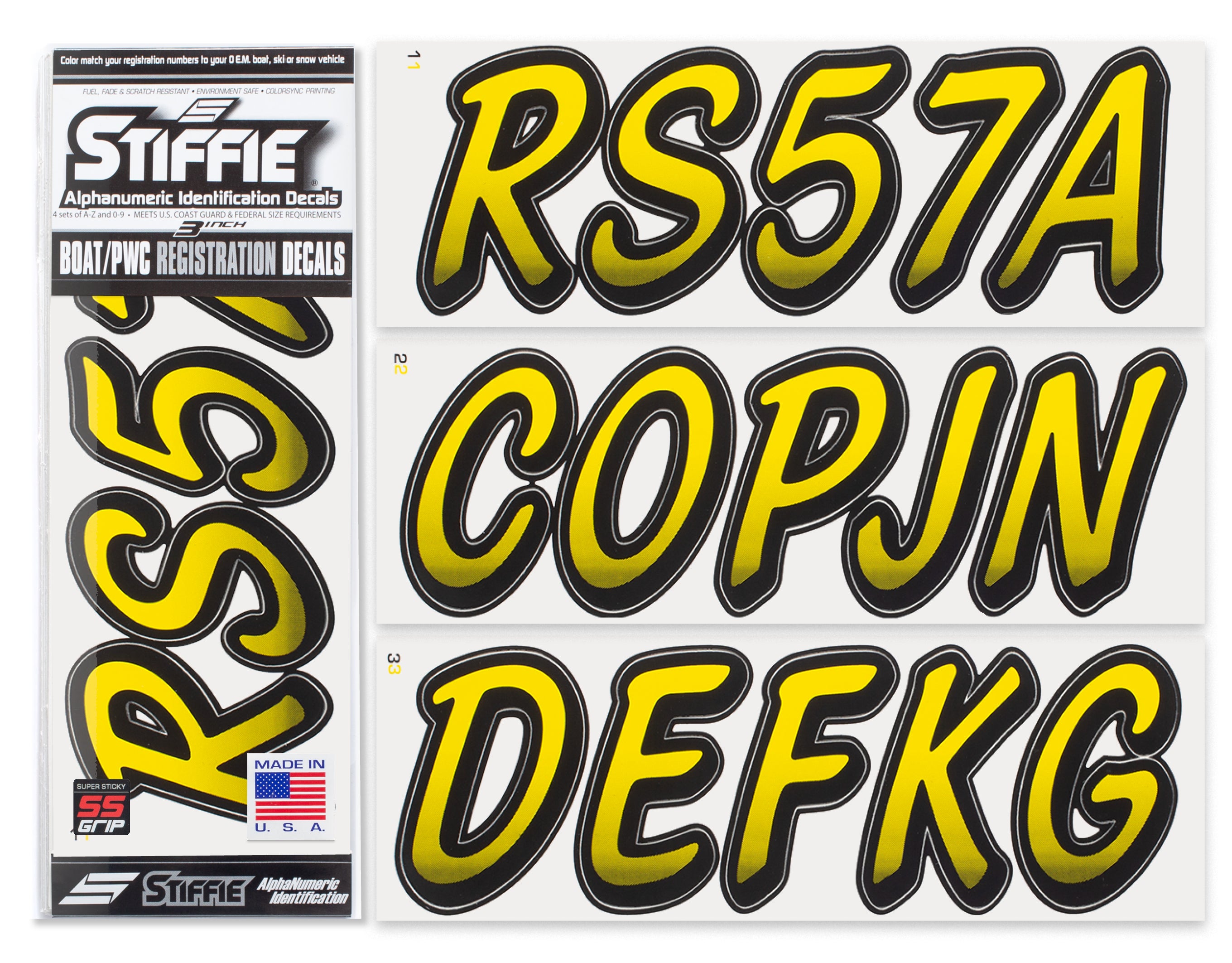 STIFFIE Whipline Yellow Crush/Black 3" Super Sticky Boat & PWC Registration Decals • Numbers Letters Stickers