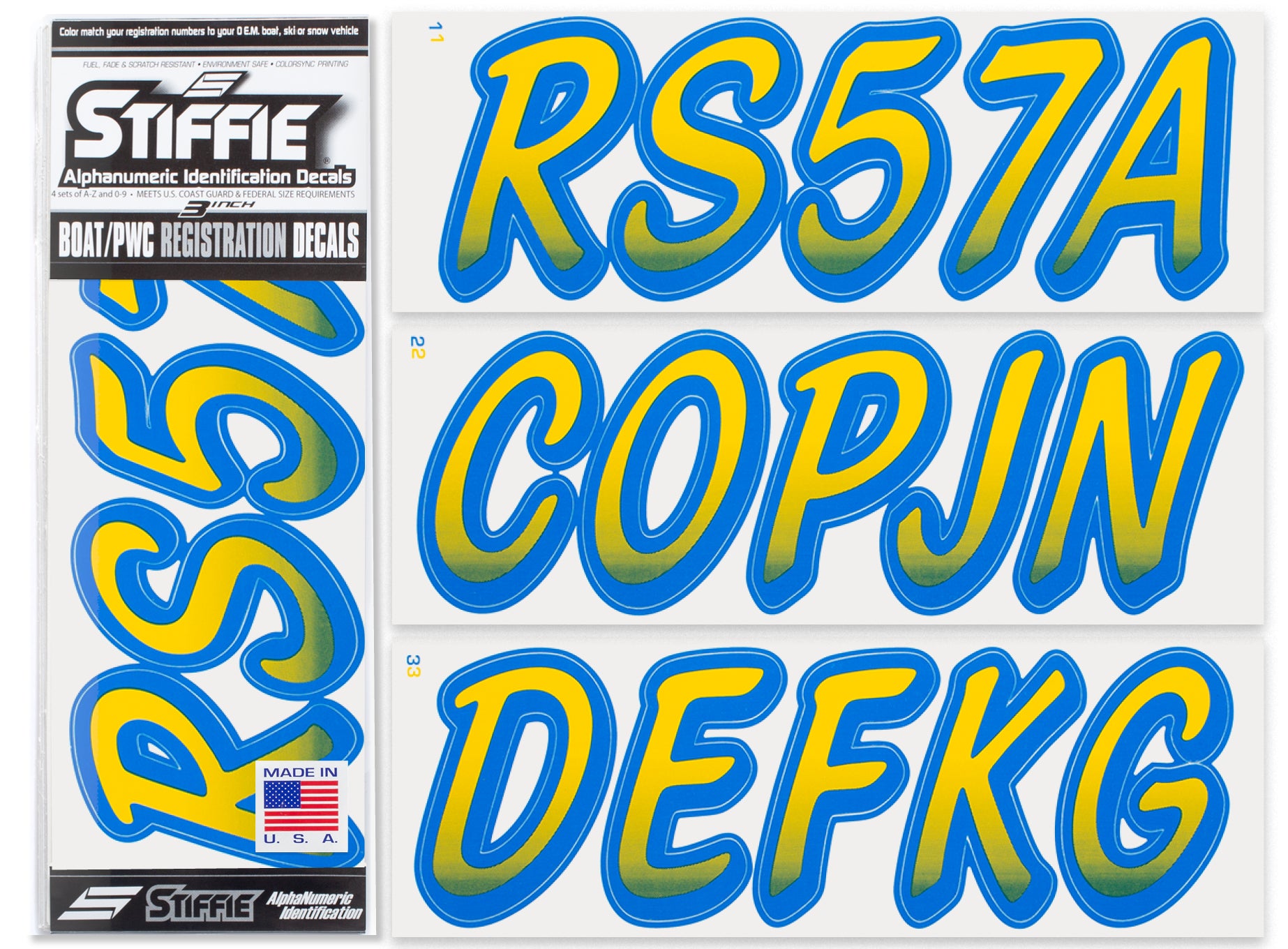 STIFFIE Whipline Yellow/Blue 3" Boat & PWC Registration Decals • Numbers Letters Stickers