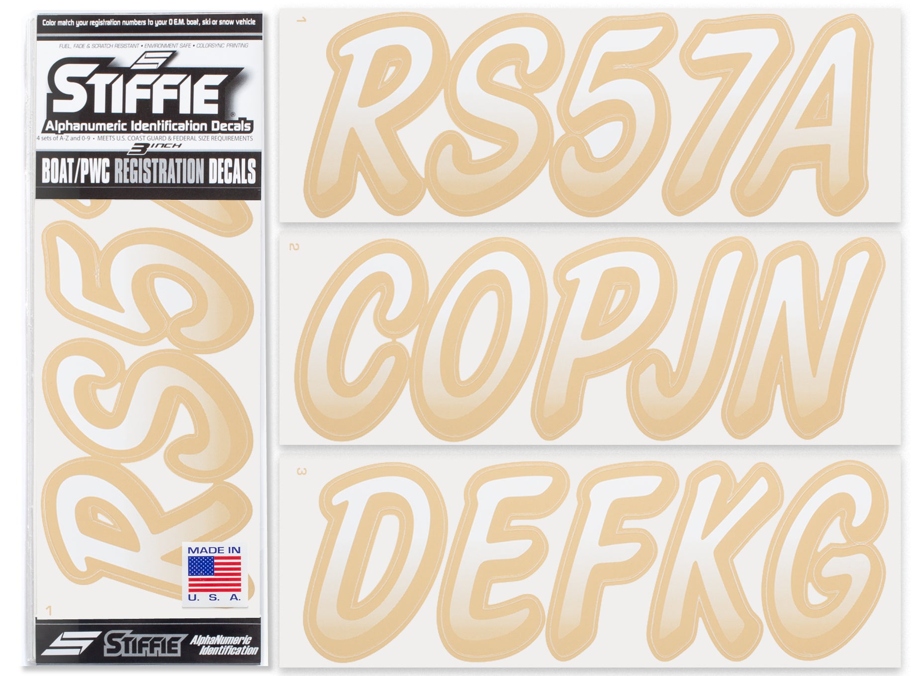 STIFFIE Whipline White/Tan 3" Alpha-Numeric Registration Identification Numbers Stickers Decals for Boats & Personal Watercraft