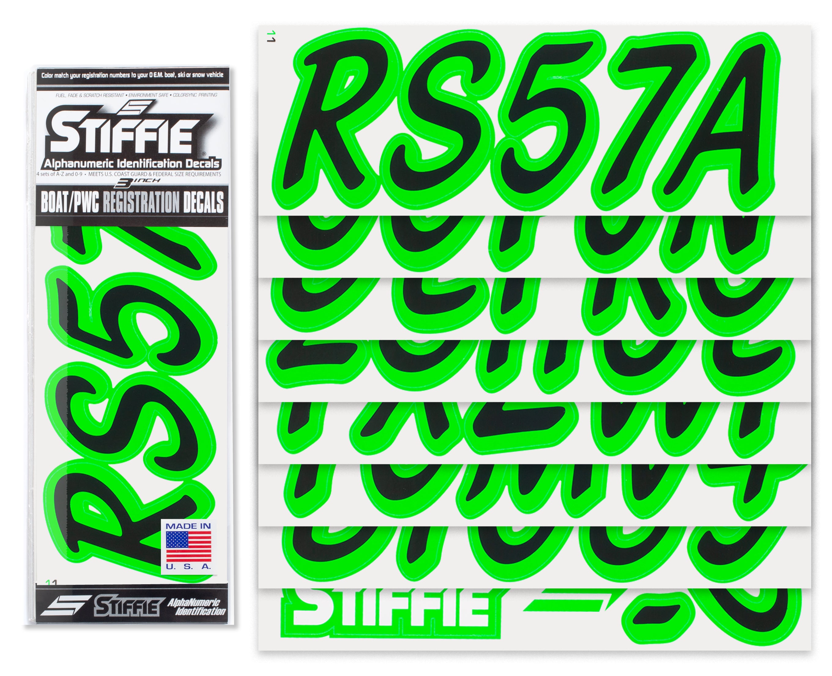 STIFFIE Whipline Solid Black/Electric Green 3” Boat & PWC Registration Decals • Numbers Letters Stickers