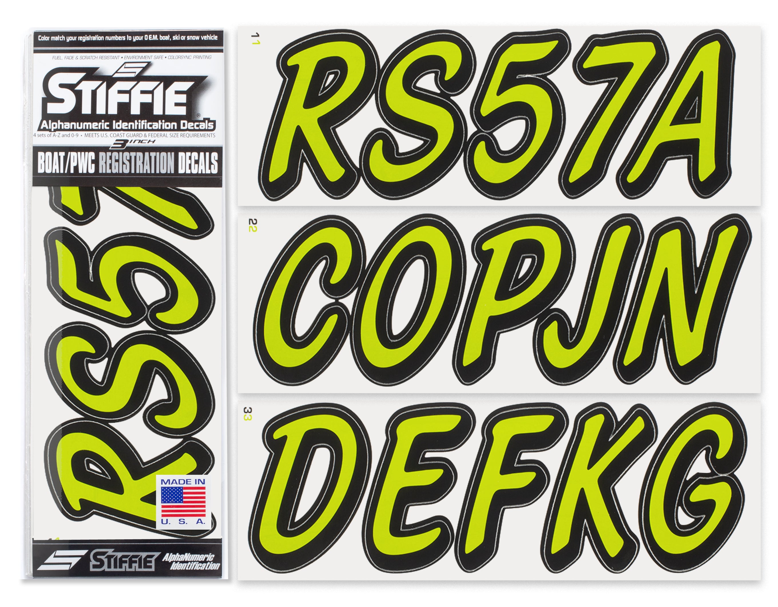 STIFFIE Whipline Solid Electric Lime/Black 3” Boat & PWC Registration Decals • Numbers Letters Stickers