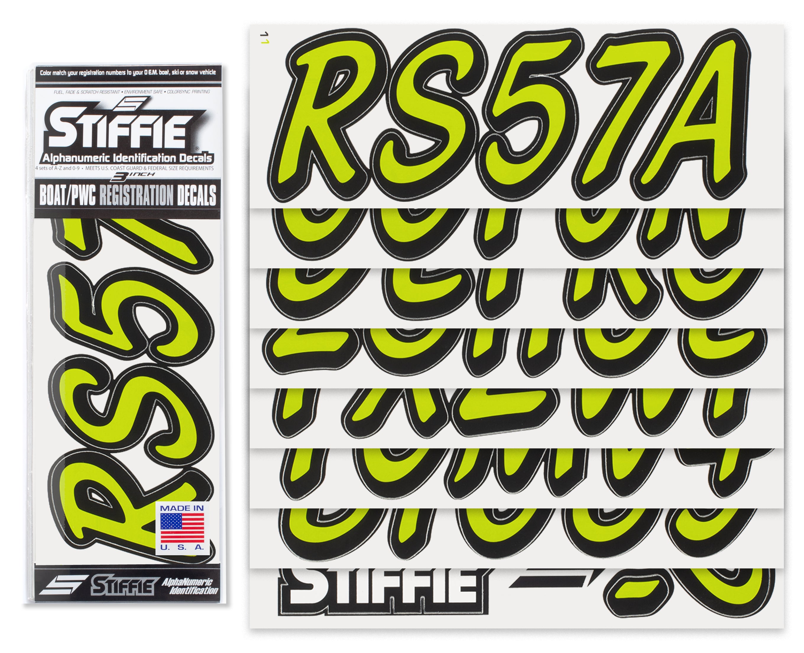 STIFFIE Whipline Solid Electric Lime/Black 3” Boat & PWC Registration Decals • Numbers Letters Stickers